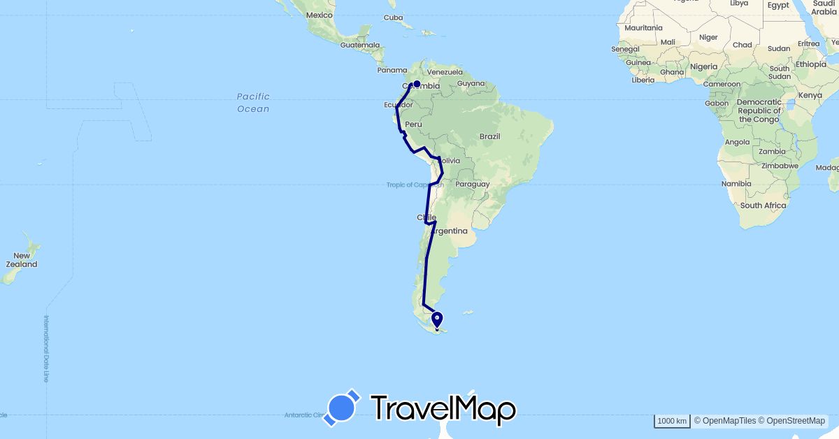 TravelMap itinerary: driving in Argentina, Bolivia, Chile, Colombia, Ecuador, Peru (South America)