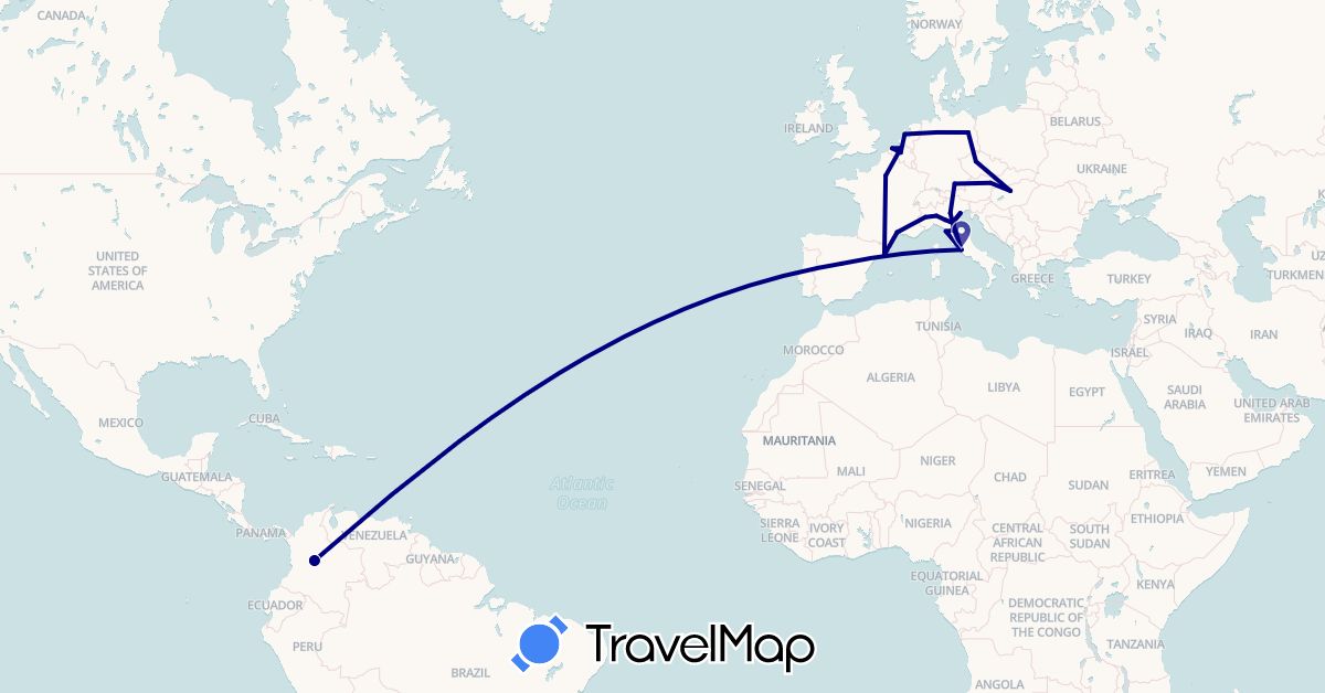 TravelMap itinerary: driving in Austria, Belgium, Colombia, Czech Republic, Germany, Spain, France, Hungary, Italy, Netherlands, Vatican City (Europe, South America)